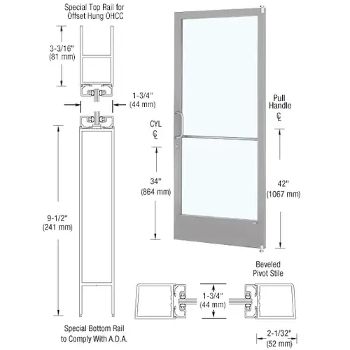 Clear Anodized Single 36" x 84" Series 250 Narrow Stile Left Side Latch Offset Pivot Entrance Door for 105 Degree Overhead Concealed Door Closer Clear Anodized Single 36" x 84" Series 250 Narrow Stile Left Side Latch Offset Pivot Entrance Door for 105 Degree Overhead Concealed Door Closer