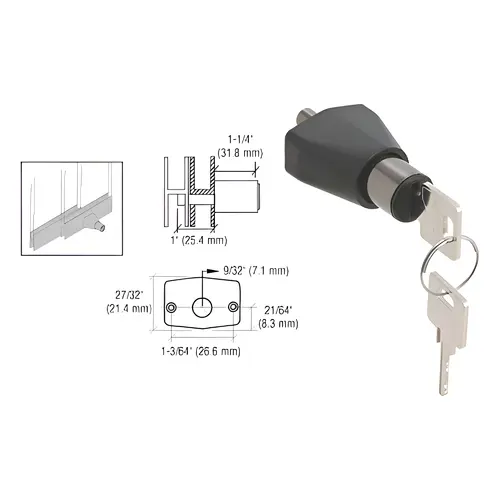 CRL 0911BCKA Black Chrome Keyed Alike Sliding Door Lock, Aluminum Material, 1" Plunger Length, Keyed Alike Type, Black Chrome Finish Black Chrome Keyed Alike Sliding Door Lock, Aluminum Material, 1" Plunger Length, Keyed Alike Type, Black Chrome Finish