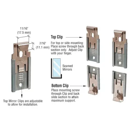 Nickel Plated Adjustable Mirror Clip Set for 1/4" Seamed Mirror