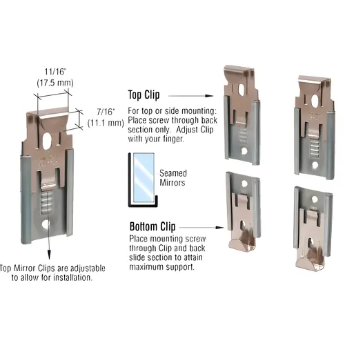Nickel Plated Adjustable Mirror Clip Set for 1/4" Seamed Mirror