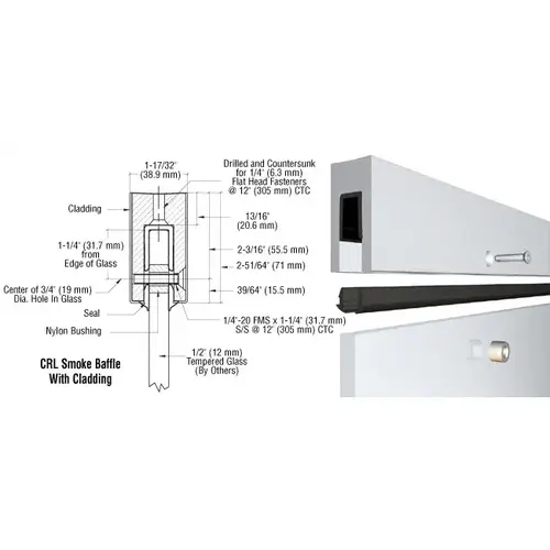 Mill Aluminum Smoke Baffle Base Shoe for 1/2" Glass in a 20' Length