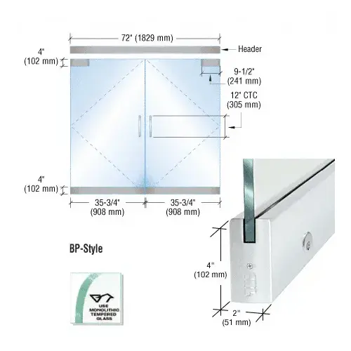 Dry Glazed Frameless Glass 6' BP-Style Satin Anodized Double Door Complete Entrance Kit - with Lock Dry Glazed Frameless Glass 6' BP-Style Satin Anodized Double Door Complete Entrance Kit - with Lock