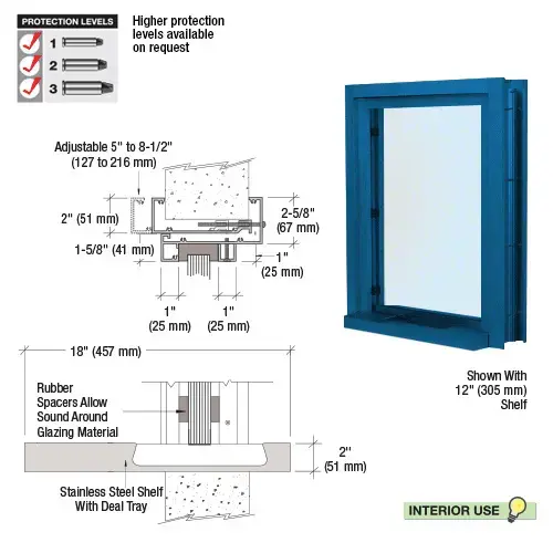 Painted (Specify) Aluminum Clamp-On Frame Interior Glazed Exchange Window with 18" Shelf and Deal Tray Powder Coated Painted (Specify) Aluminum Clamp-On Frame Interior Glazed Exchange Window with 18" Shelf and Deal Tray Powder Coated