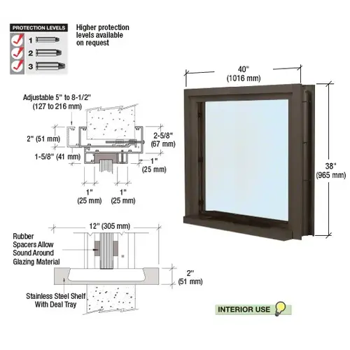 Dark Bronze 40" Wide Bullet Resistant Interior Window with Surround and 12" Shelf with Deal Tray Dark Bronze 40" Wide Bullet Resistant Interior Window with Surround and 12" Shelf with Deal Tray