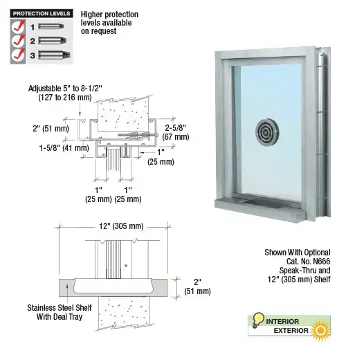 Satin Anodized Aluminum Clamp-On Frame Exterior Glazed Exchange Window with 12" Shelf and Deal Tray Satin Anodized Aluminum Clamp-On Frame Exterior Glazed Exchange Window with 12" Shelf and Deal Tray