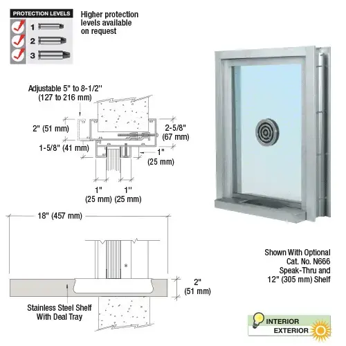 Satin Anodized Aluminum Clamp-On Frame Exterior Glazed Exchange Window with 18" Shelf and Deal Tray Satin Anodized Aluminum Clamp-On Frame Exterior Glazed Exchange Window with 18" Shelf and Deal Tray