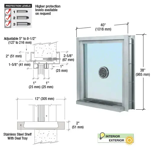 Satin Anodized 40" Wide Bullet Resistant Exterior Window with Surround Sound, Speak-Thru and Shelf with Deal Tray Satin Anodized 40" Wide Bullet Resistant Exterior Window with Surround Sound, Speak-Thru and Shelf with Deal Tray