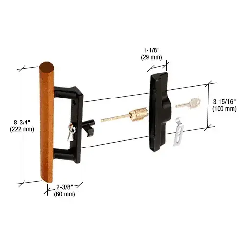 Wood/Black Keyed Internal Lock Sliding Glass Door Handle Set with 3-15/16" Screw Holes for Viking Doors