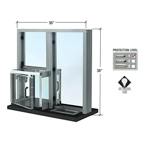 Satin Anodized 36" W x 36" H Bullet Resistant Combination Exchange Window With Clear Package Receiver Protection Level 1 Satin Anodized 36" W x 36" H Bullet Resistant Combination Exchange Window With Clear Package Receiver Protection Level 1