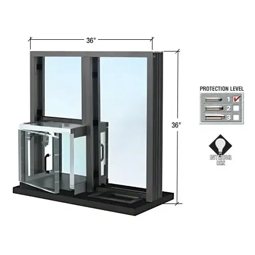 Dark Bronze 36" W x 36" H Bullet Resistant Combination Exchange Window with Clear Package Receiver Protection Level 1 Dark Bronze 36" W x 36" H Bullet Resistant Combination Exchange Window with Clear Package Receiver Protection Level 1
