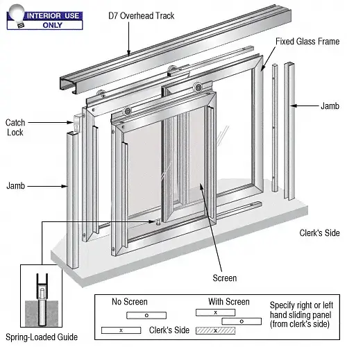 Horizontal Sliding "Florence" Pass-Thru Assembly With D7 Header & Screen Satin Anodized Horizontal Sliding "Florence" Pass-Thru Assembly With D7 Header & Screen Satin Anodized