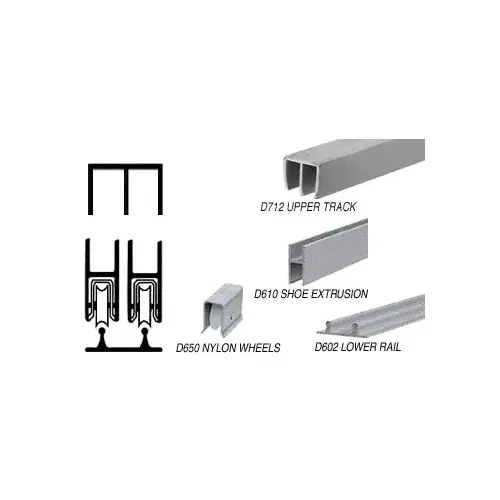 Satin Anodized Track Assembly with Plastic Upper and Aluminum Lower Track with Nylon Wheels 144" Stock Length Satin Anodized Track Assembly with Plastic Upper and Aluminum Lower Track with Nylon Wheels 144" Stock Length