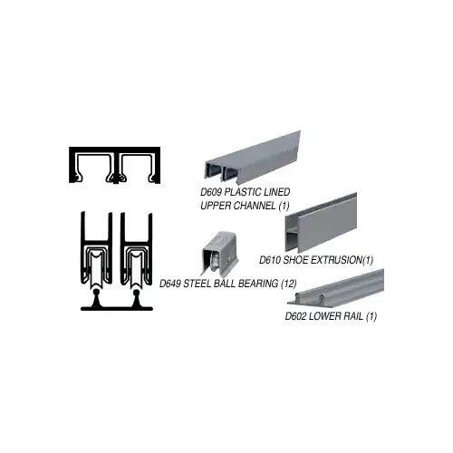 Satin Anodized Track Assembly D609 Upper and D602 Lower Track with Steel Ball-Bearing Wheels 144" Stock Length Satin Anodized Track Assembly D609 Upper and D602 Lower Track with Steel Ball-Bearing Wheels 144" Stock Length