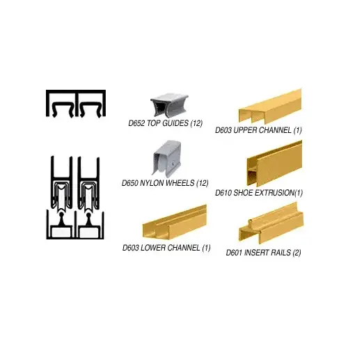 Gold Anodized Deluxe Track Assembly D603 Upper and D601 Rail with Nylon Wheels 48" Stock Length Gold Anodized Deluxe Track Assembly D603 Upper and D601 Rail with Nylon Wheels 48" Stock Length