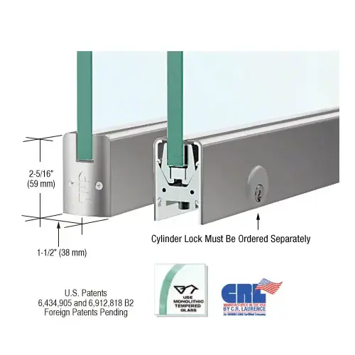 Brushed Stainless 1/2" Glass Low Profile Square Door Rail With Lock - 8" Patch