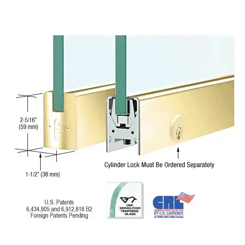 Polished Brass 1/2" Glass Low Profile Square Door Rail with Lock - 8" Patch