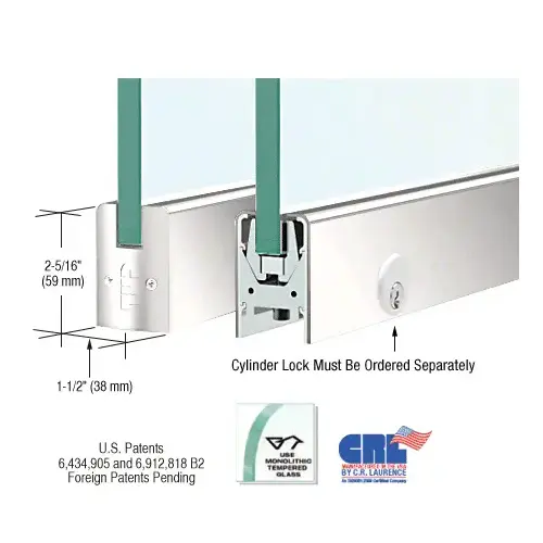 Polished Stainless 3/8" Glass Low Profile Square Door Rail With Lock - 8" Patch