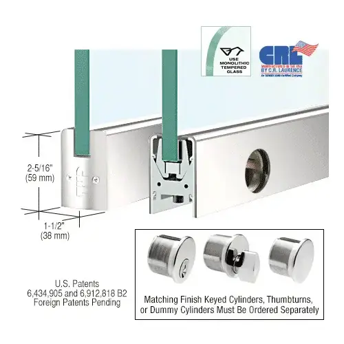 Polished Stainless 3/8" Glass Low Profile Square Door Rail with Lock - 35-3/4" Length