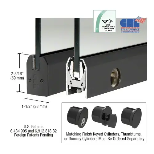 Black Powder Coat 1/2" Glass Low Profile Tapered Door Rail With Lock - 35-3/4" Length