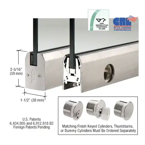 Brushed Stainless 3/8" Glass Low Profile Tapered Door Rail With Lock - 35-3/4" Length