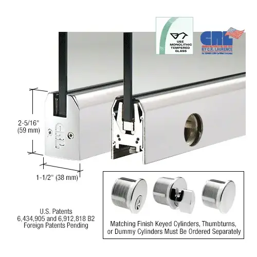 Polished Stainless 1/2" Glass Low Profile Tapered Door Rail With Lock - 8" Patch