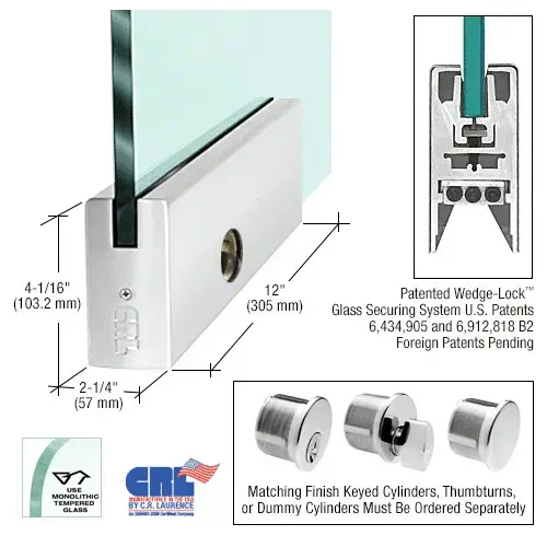 Polished Stainless 3/4" Glass 4" Square Door Rail With Lock - 12" Patch