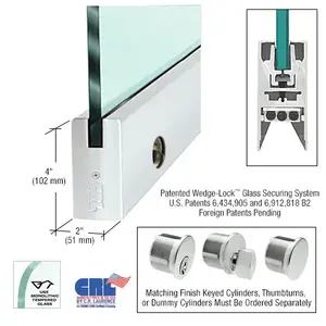 CRL DR4SSA12SL Satin Anodized 1/2" Glass 4" Square Door Rail With Lock - 35-3/4" Length