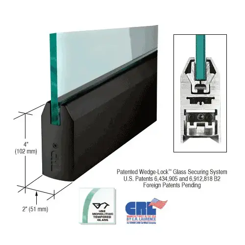 Black Powder Coated 1/2" Glass 4" Tapered Door Rail Without Lock - 35-3/4" Length