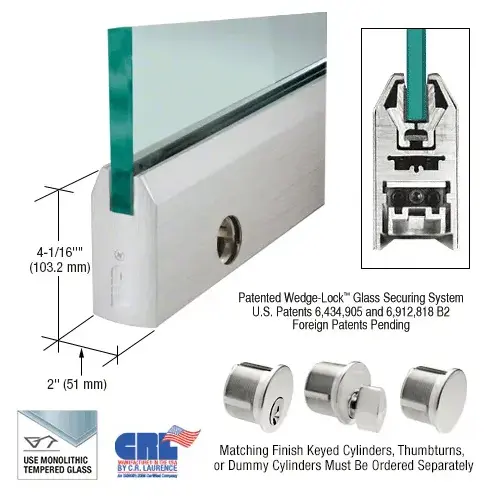 Brushed Stainless 1/2" Glass 4" Tapered Door Rail With Lock - 35-3/4" Length