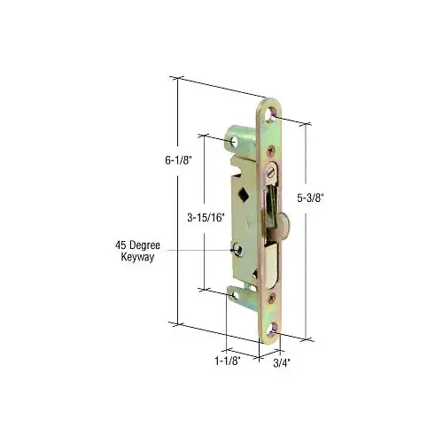 3/4" Wide Mortise Lock 5-3/8" with Screw Holes with 45 Degree Keyway