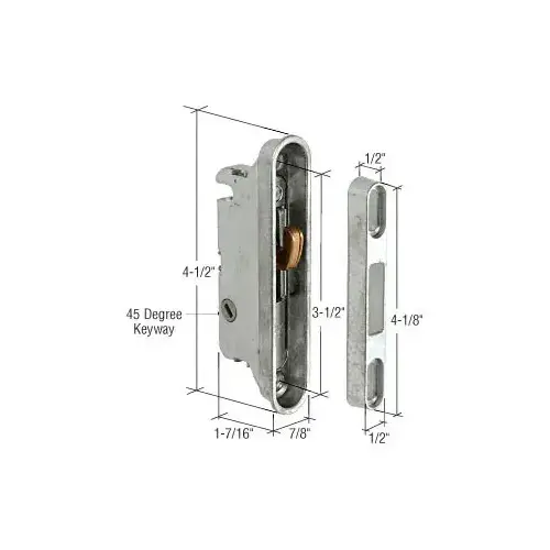 7/8" Wide Mortise Lock and Keeper with 3-1/2" Screw Holes with 45 Degree Keyway