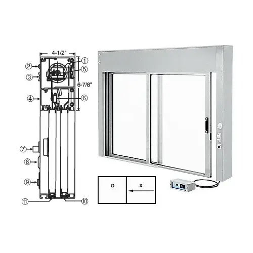 Satin Anodized 48" x 36" All Electric Fully Automatic Deluxe Sliding Service Window OX (clerk side) No Bottom Track Satin Anodized 48" x 36" All Electric Fully Automatic Deluxe Sliding Service Window OX (clerk side) No Bottom Track