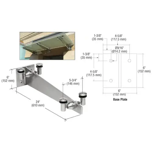 Brushed Stainless 24" Universal Wall Mounted Glass Awning Bracket