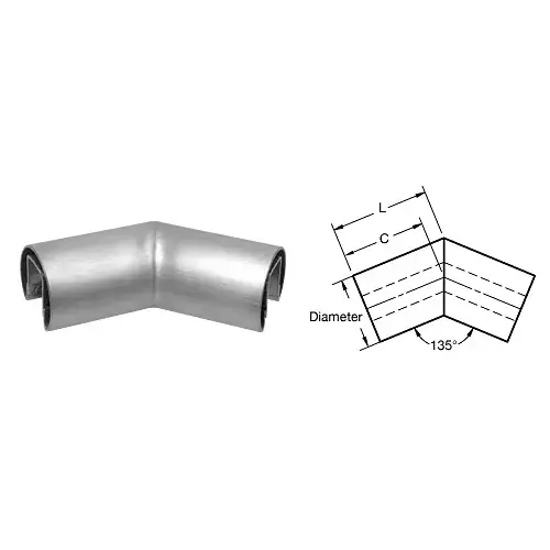 Brushed Stainless 1-1/2" Diameter 135 Degree Horizontal Corner for 1/2" or 5/8" Glass Cap Railing Brushed Stainless 1-1/2" Diameter 135 Degree Horizontal Corner for 1/2" or 5/8" Glass Cap Railing