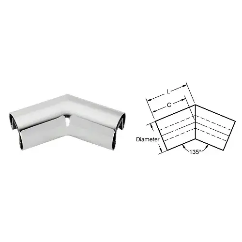 Polished Stainless 2" Diameter 135 Degree Horizontal Corner for 3/4" Glass Cap Railing Polished Stainless 2" Diameter 135 Degree Horizontal Corner for 3/4" Glass Cap Railing