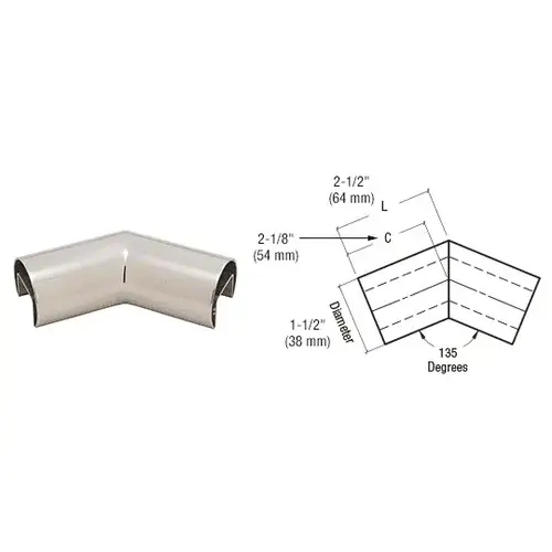 316 Polished Stainless Steel 1-1/2" Diameter Roll Form 135 Degree Horizontal Corner 316 Polished Stainless Steel 1-1/2" Diameter Roll Form 135 Degree Horizontal Corner