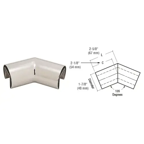 316 Polished Stainless Steel 1-7/8" Diameter Roll Form 135 Degree Horizontal Corner 316 Polished Stainless Steel 1-7/8" Diameter Roll Form 135 Degree Horizontal Corner