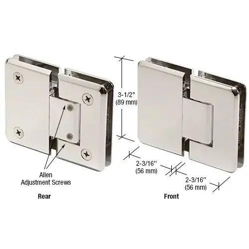 Polished Nickel Pinnacle 380 Series Adjustable 180 Degree Glass-to-Glass Hinge Polished Nickel Pinnacle 380 Series Adjustable 180 Degree Glass-to-Glass Hinge