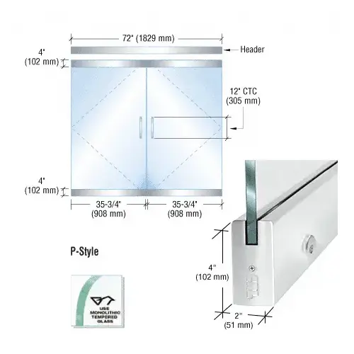 Dry Glazed Frameless Glass 6'-0" P-Style Polished Stainless Double Door Complete Entrance Kit - with Lock Dry Glazed Frameless Glass 6'-0" P-Style Polished Stainless Double Door Complete Entrance Kit - with Lock