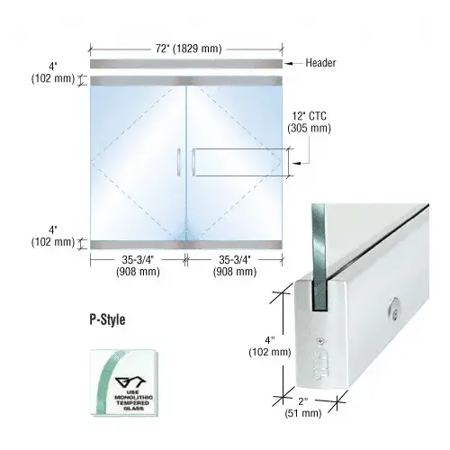 Dry Glazed Frameless Glass 6'-0" P-Style Satin Anodized Double Door Complete Entrance Kit - with Lock Dry Glazed Frameless Glass 6'-0" P-Style Satin Anodized Double Door Complete Entrance Kit - with Lock