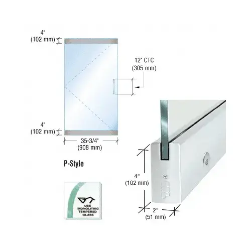 Dry Glazed Frameless Glass 3'-0" P-Style Satin Anodized Single Door Only Kit - with Lock Dry Glazed Frameless Glass 3'-0" P-Style Satin Anodized Single Door Only Kit - with Lock