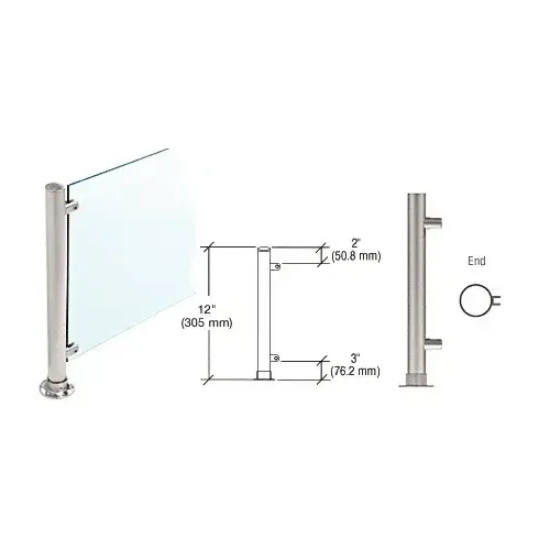 Brushed Stainless 12" High 1" Round PP55 Slimline Series Straight Front Counter/Partition End Post