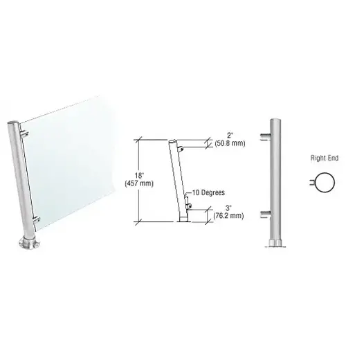 Brushed Stainless 18" High 1" Round PP65 Slimline Series Slant Front Counter/Partition Right End Post