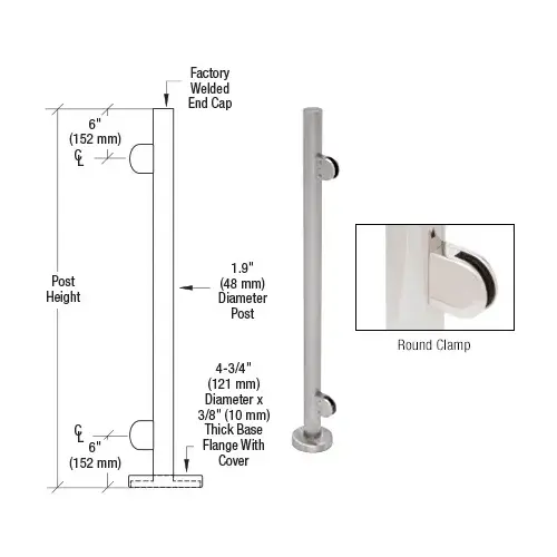 Brushed Stainless 36" Steel Round Glass Clamp End Post Railing Kit