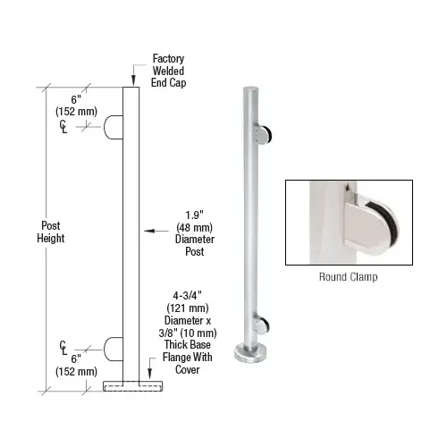 Polished Stainless 36" Steel Round Glass Clamp End Post Railing Kit