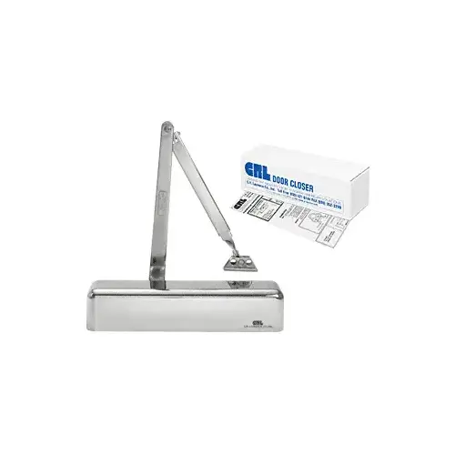 Polished Chrome Delayed Action Adjustable Spring Power Size 1/2 to 4 Surface Mount Door Closer Polished Chrome Delayed Action Adjustable Spring Power Size 1/2 to 4 Surface Mount Door Closer