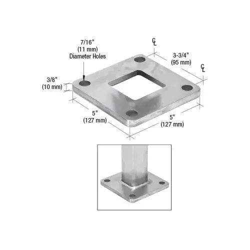 Stainless Base Flange for 2" Outside Diameter Square Pipe Rail Mill