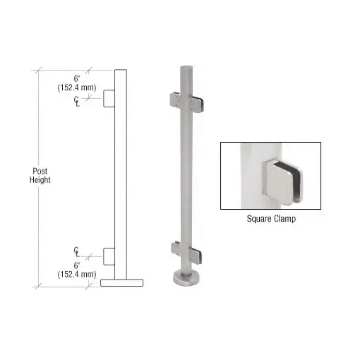 Brushed Stainless 36" Steel Square Glass Clamp 180 Degree Center Post Railing Kit