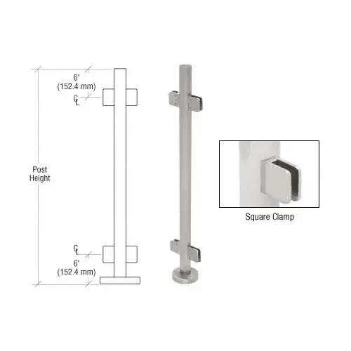 Brushed Stainless 42" Steel Square Glass Clamp 180 Degree Center Post Railing Kit