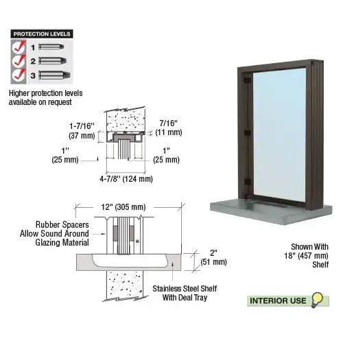 Dark Bronze Aluminum Standard Inset Frame Interior Glazed Exchange Window with 12" Shelf and Deal Tray Dark Bronze Aluminum Standard Inset Frame Interior Glazed Exchange Window with 12" Shelf and Deal Tray